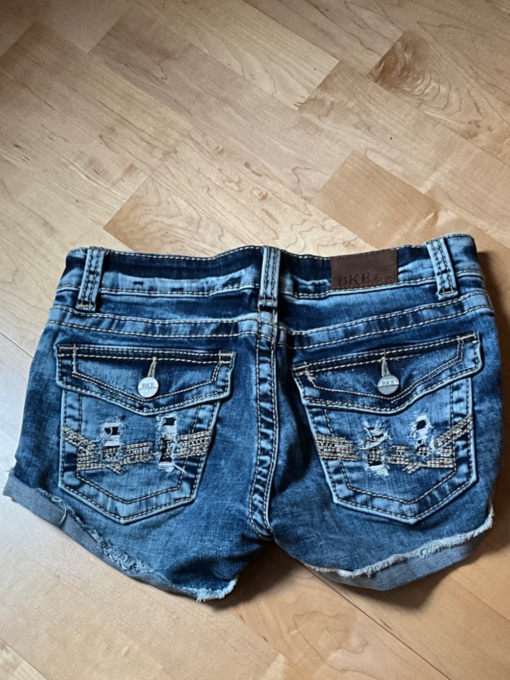 BKE Embellished Distressed Denim Shorts - Medium Blue Wash